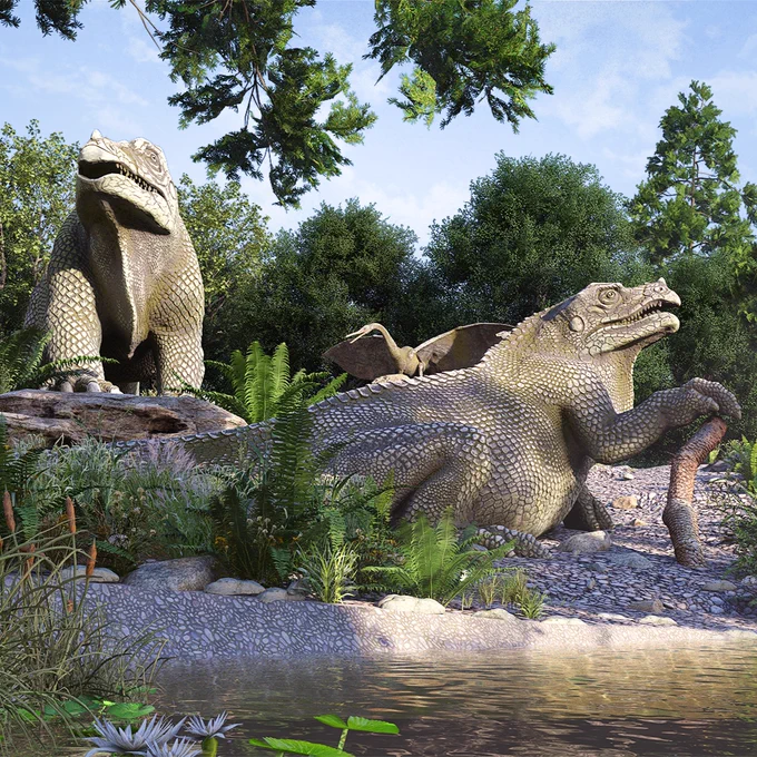 Artist impression picture of restored dinosaurs at Crystal Palace Park