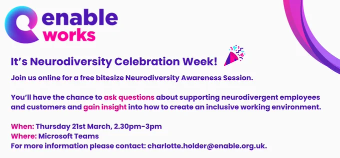 Flyer advertising a free bitesized Neurodiversity Awareness session on MS Teams. March 21, 230pm - 3pm.