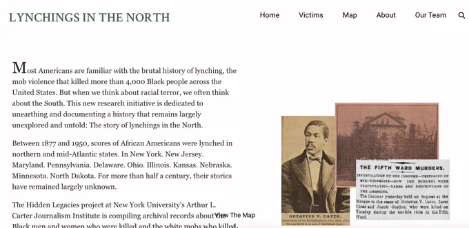 screenshot of Lynchings in the North project websiite