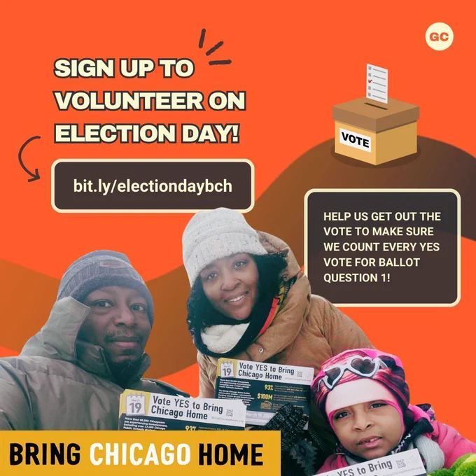 Image of Bring Chicago Home canvassers. Sign up to volunteer on Election Day: bit.ly/electiondaybch! Help us get out the vote to make sure we count every yes vote for ballot question 1! 