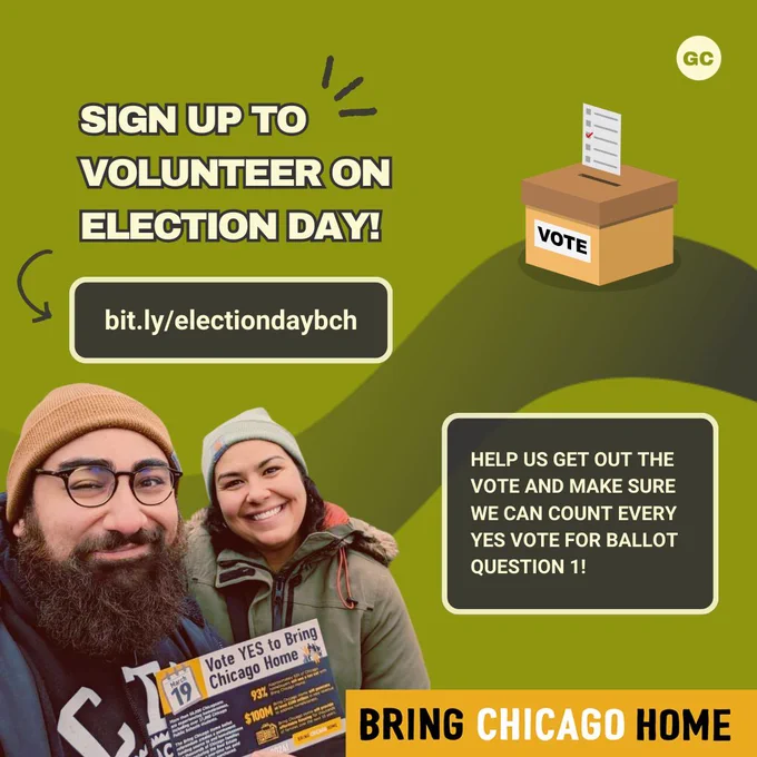 Image of Bring Chicago Home canvassers. Sign up to volunteer on Election Day: bit.ly/electiondaybch! Help us get out the vote to make sure we count every yes vote for ballot question 1! 