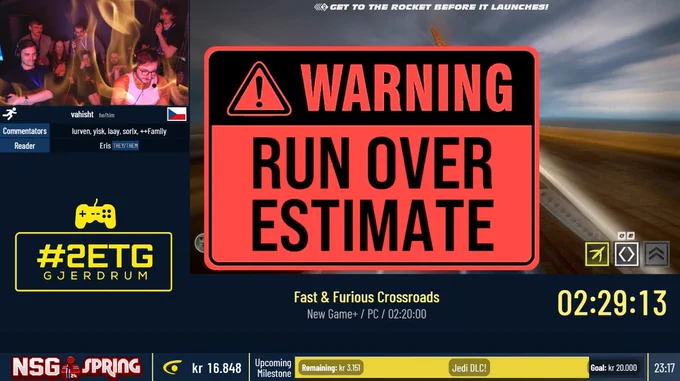A NSG screenshot showing a run being performed. Timer is 9 minutes over the estimate provided, and the runner cam has been set on fire and a big warning sign saying "Run over estimate" is covering a large part of the screen.