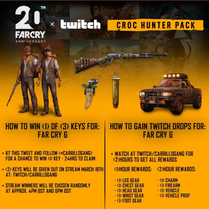 Far cry 20th anniversary info on how to win keys for Far Cry 6 and how to gain twitch drops