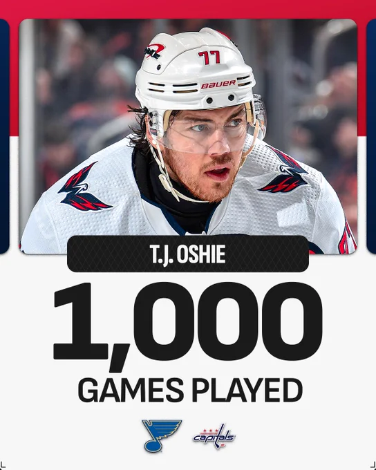 Top: A photo of T.J. Oshie on ice in a Capitals uniform. 

Middle: White text on a black rectangle that reads, "T.J. Oshie". 

Bottom: Black text on a white background that reads, "1,000 games played". The St. Louis Blues and Washington Capitals logos are below this. 