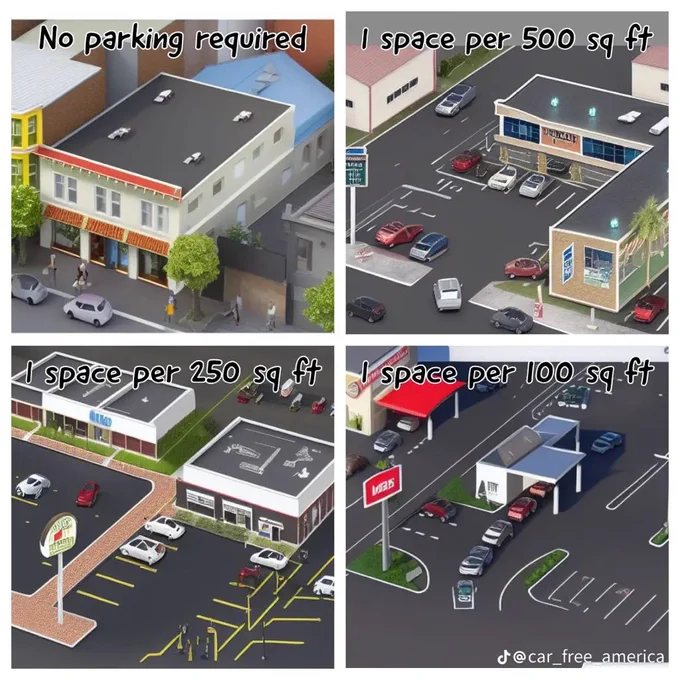 Rendering showing various parking requirements and how it affects the built environment