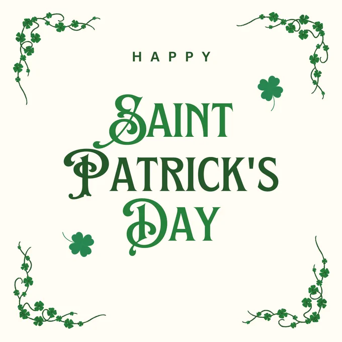 A festive St. Patrick's Day greeting with clover decorations surrounding the text, celebrating clean air and good health.