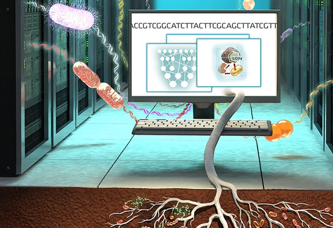 Illustration of a floating computer with DNA written out on it and a trunk coming out of the monitor with roots stretching out from the trunk