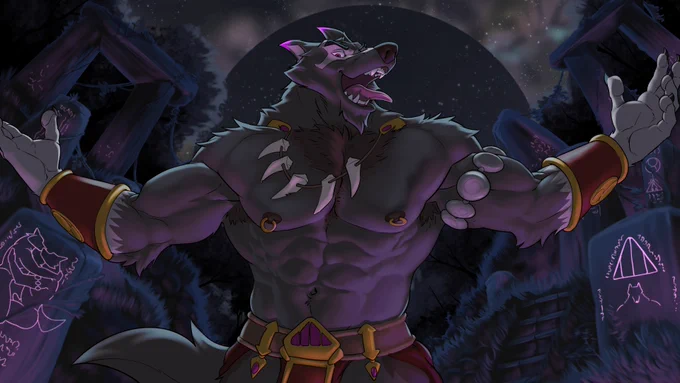 A demonic-looking wolf in tribal attire with his arms outstretched towards the viewer. On his left and right there are stone pillars with glowing inscriptions, one of which includes two wolves kissing.
