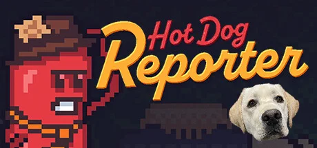 The banner for Hot Dog Reporter, which has the name of the game and the titular hotdog in a reporter hat with a determined expression, and a golden labrador's head has been photoshopped over the cat in the bottom right corner