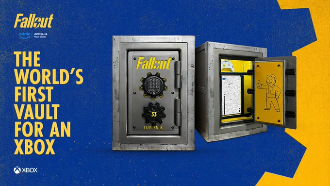 Blue and yellow background image showcasing two unique Fallout-themed Fort Knox Xbox vaults: one features the vault door closed, complete with a keypad, while the other is open, revealing an Xbox, a controller, and a Vault Boy illustration on the door. The Fallout logo, Prime Video branding, and the text "April 11 New Series" are displayed above a prominent headline that states "The World's First Vault for an Xbox".