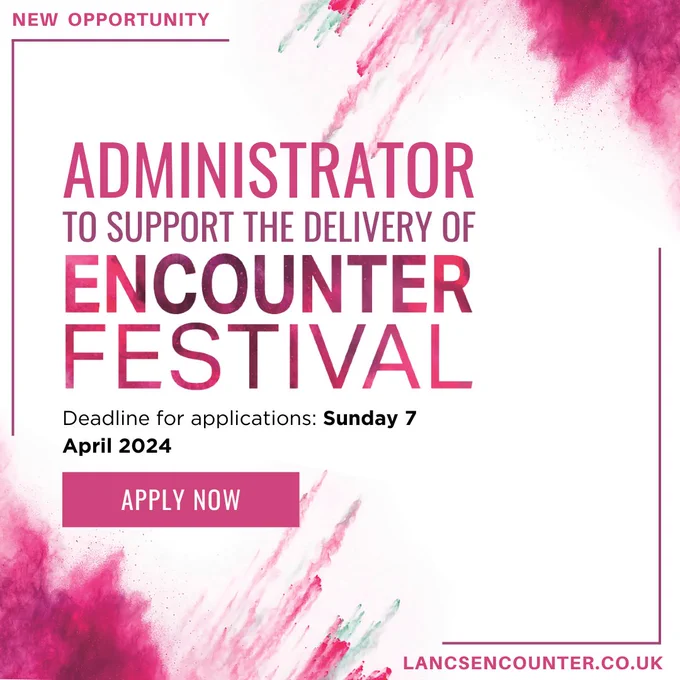 A pink and white graphic with text describing the new administrator role for Encounter Festival.