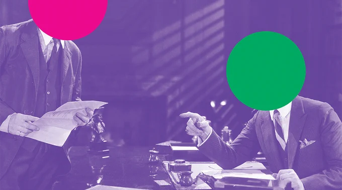 Image of two executives with circles covering their faces.