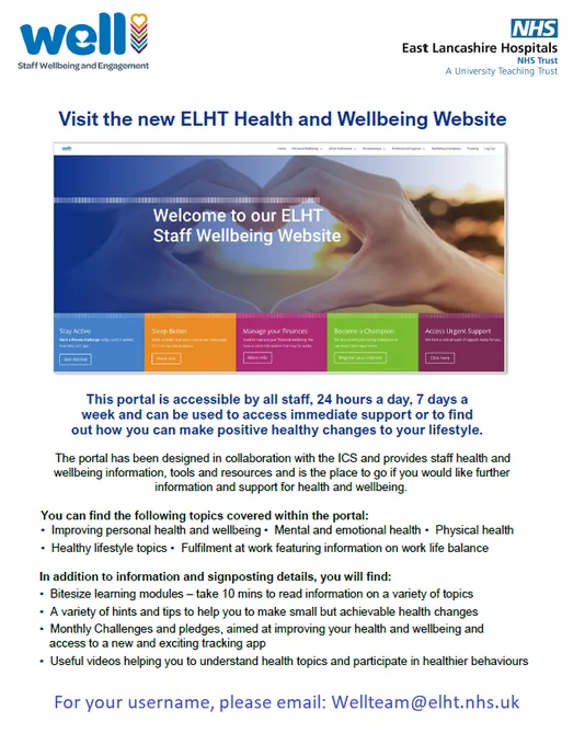 Visit the "Training" tab on your Health and Wellbeing website to book on. If you do not have a username then please email: Wellteam@elht.nhs.uk
