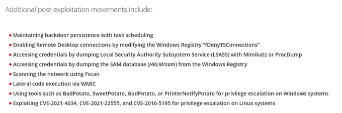 List of post exploitation TTPs