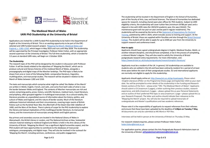 Image shows the application process and description  for the PhD studentship at the University of Bristol with The Medieval March of Wales project