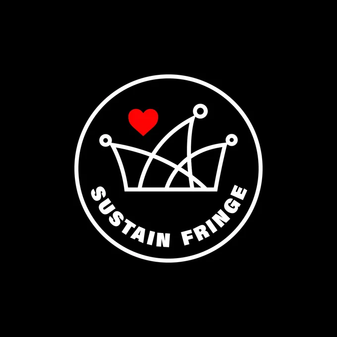 A Sustain Fringe logo – a white outline of the Fringe jester hat, the text Sustain Fringe, and a red heart.