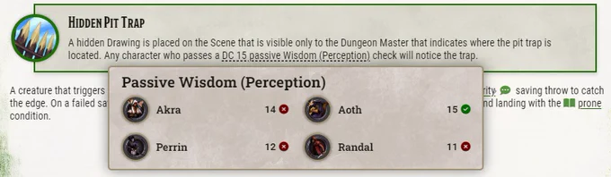 A demonstration of how Foundry VTT will check each character in your party's stats when hovering over a passive check in a journal entry to show who succeeds or fails.