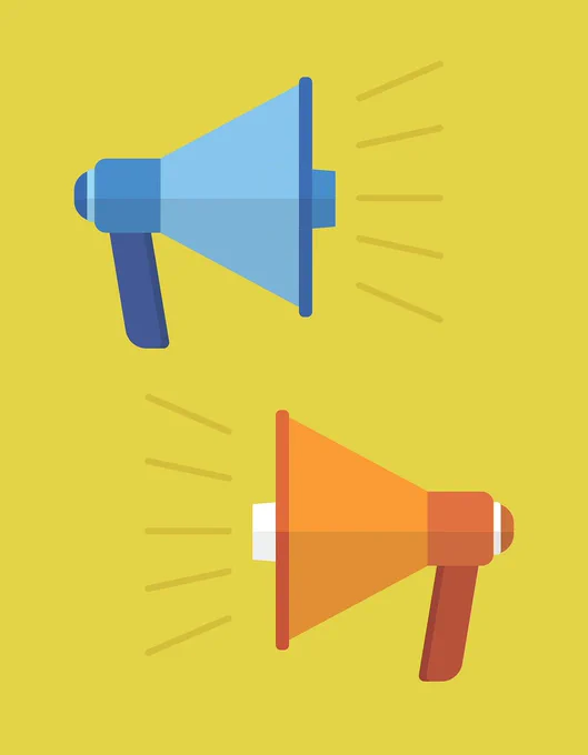 Two megaphones, one blue and one orange facing each other. Image by Cheska Poon from Pixabay