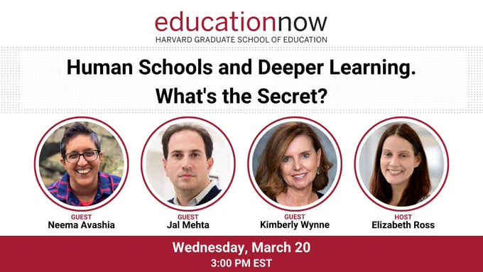 Promotional asset for Education Now with the title "Human Schools and Deeper Learning. What's the Secret?"