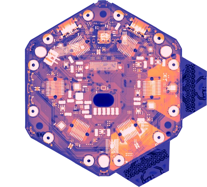 A colour x-ray image of a hexagonal circuit board with two hexagonal modules plugged into it