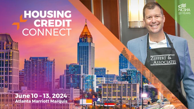 Atlanta buildings, Housing Credit Connect and NCSHA logos, Jeffrey Promnitz smiling and wearing a Zeffert & Associates, Inc. apron
