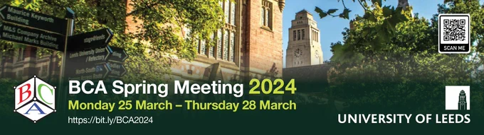 Advertisement image with the background as the university of Leeds campus, with text 'BCA Spring Meeting 2024, Monday 25 March - Thursday 28 March and a link, which is included in tweet to the conference website'