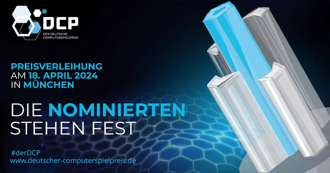 Grafik mit einer Illustration der Trophäe und der Information, dass die Nominierten für den DCP feststehen. Außerdem die Information, dass die Preisverleihung am 18. April 2024 in München stattfindet