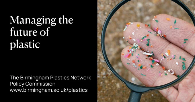 Managing the future of plastic. The Birmingham Plastics Network Policy Commission www.birmingham.ac.uk/plastics. Hand with magnifying glass over it showing small pieces of plastics on fingers 