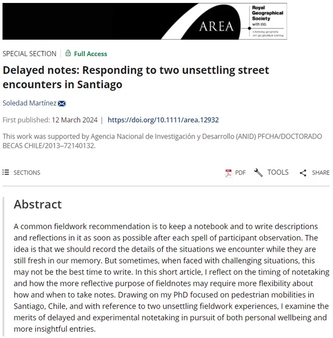 Title and abstract for 'Delayed notes: Responding to two unsettling street encounters in Santiago' by Soledad Martínez in Area.