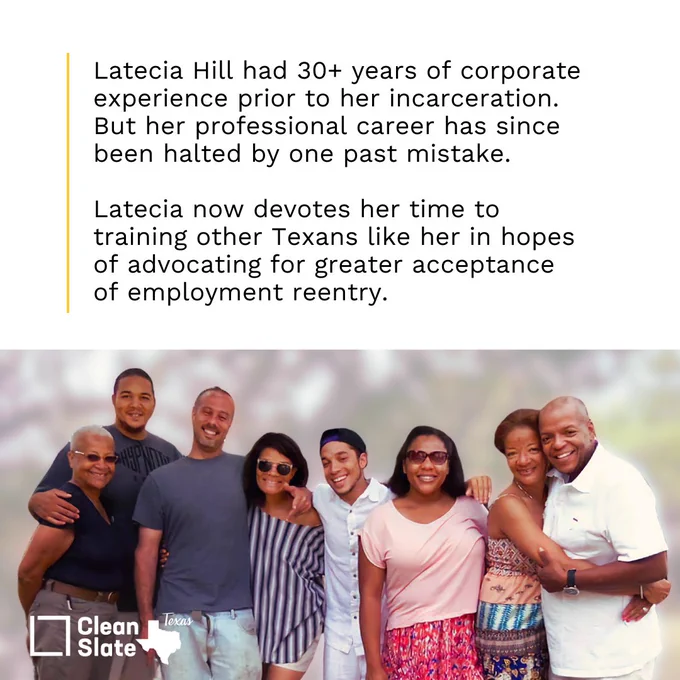 Latecia Hill had 30  years of corporate experience prior to her incarceration. But her professional career has since been halted by one past mistake.

Latecia now devotes her time to training other Texans like her in hopes of advocating for greater acceptance of employment