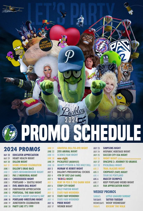 Poster for the 2024 Portland Pickles Promo Schedule