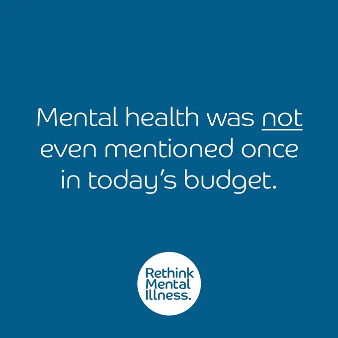 Blue background with a Rethink Mental Illness logo at the bottom. 

Title in the middle reads: Mental health was not even mentioned once in today's budget.