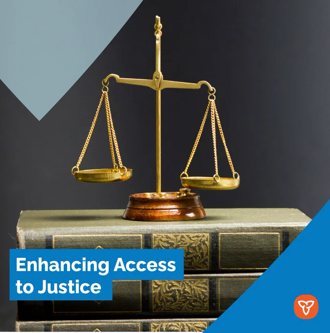 Scale of justice on books. Text on image reads: "Enhancing Access to Justice." 
