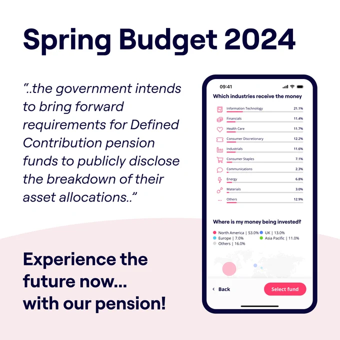 A promotional graphic for Spring Budget 2024 with a focus on pension fund transparency. It features a quotation about government intentions to disclose Defined Contribution pension fund asset allocations, a mobile interface showing the distribution of industries receiving investment, and a call to action to experience the future with the pension service being advertised. Pie charts detail the percentage of money invested by industry and region.