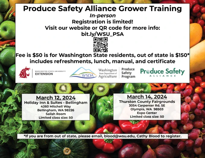 Flyer to register for the March 12 or March 14th PSA Grower Training.  It has fruits and veggies in the background.  There is the logo for WSU Extention, WSDA, and Produce Safety Alliance.
