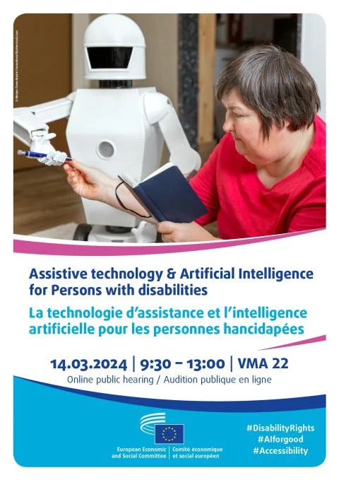Flyer with a robot and a person with the dates and hour of the event.