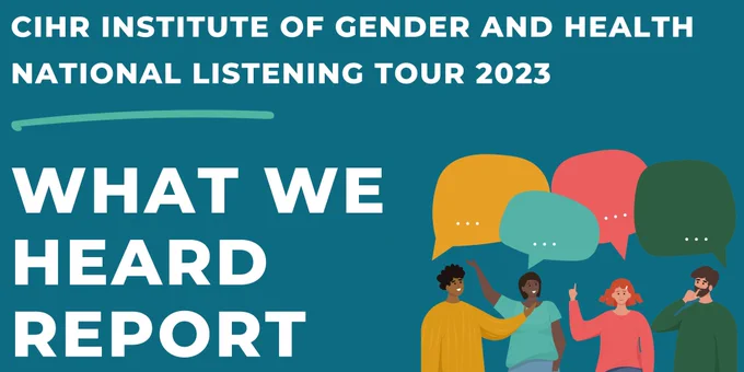 A teal banner with four diverse people standing in the corner, all with thought bubbles above their heads. The banner says: “CIHR Institute of Gender and Health national Listening Tour 2023: What we heard report.”