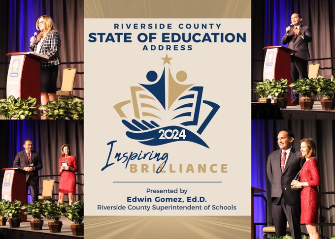 Dr. Perez opening the event, County Superintendent Dr. Edwin Gomez presenting the State of Education Address, and Brilliance in Action awardee, Sally Myers.