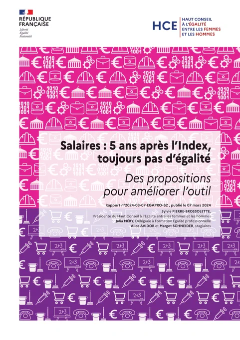 Couverture du nouveau rapport du HCE intitulé "Salaires : 5 ans après l'Index, toujours pas d'égalité. Des propositions pour améliorer l'outil."