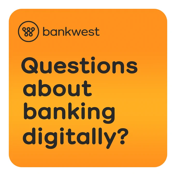 Orange tile with the words " Questions about banking digitally."