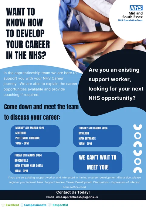 Poster with information regarding apprenticeship career pathways in Mid and South Essex NHS Foundation Trust