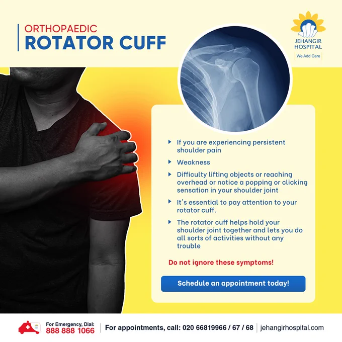 Suffering from rotator cuff issues? Rotator cuff surgery aims to repair damaged tendons or muscles, alleviating persistent pain, weakness, and limited range of motion in the shoulder. Following surgery, a structured rehabilitation program is crucial, involving physical therapy to restore shoulder strength and function. With dedication to post-operative care, our orthopaedic surgeons strive to help you regain a pain-free and active lifestyle.
#JehangirHospital #WeAddCare #PatientFirst #LiveHealthy #PatientCare #Rotatorcuffsurgery #muscles #shoulder #surgery #rehabilitationprogram #physicaltherapy #orthopaedicsurgeons