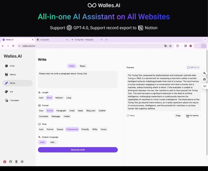 Walles.AI is ability to provide intelligent instant Q&A support and professional article writing support.
