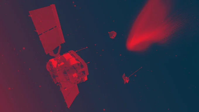 Illustration showing the Comet Interceptor spacecraft and two probes in space, observing a comet. The image reads: Comet Interceptor. Visiting a pristine comet. An ESA logo is visible in the upper right corner and the mission patch in the lower right corner.