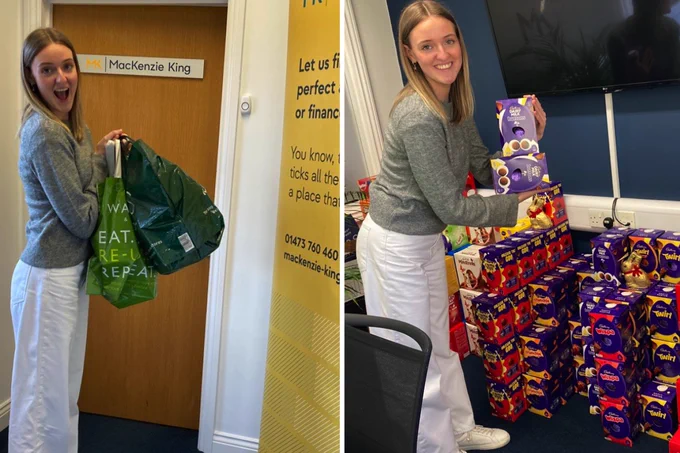 Harriet delivering eggs, a huge pile already donated