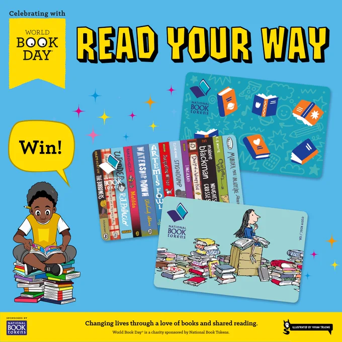 An image of a boy sitting on a stack of books and reading. The text says 'Read Your Way' and 'Win!'. Images of three National Book Tokens gift cards.