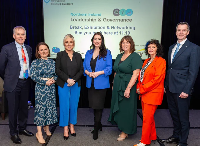 Pictured at the NI Leadership & Governance conference today are (from left): David Sterling; Chair, Chief Executive’s Forum; Anne Dickson, Chief Executive’s Forum; First Minister Michelle O’Neill; deputy First Minister Emma Little-Pengelly;  Nicole Lappin; Chair NI Public Sector Chairs’ Forum; Heather Moorehead; NI Confederation for Health and Social Care and David Burns, Chair, Solace NI.