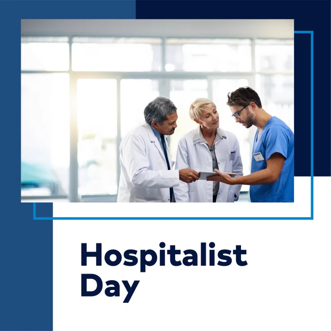 Three hospitalist physicians looking at paperwork, with text, Hospitalist Day