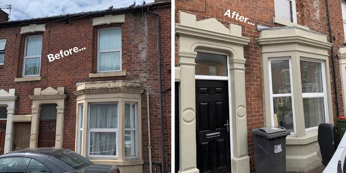 Left image of a terraced house in need of repair
Right image of the same terraced house following renovations