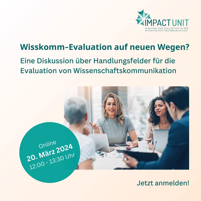 Impact Unit: Wisskomm-Evaluation auf neuen Wegen? Eine Diskussion über Handlungsfelder für die Evaluation von Wissenschaftskommunikation. Online, 20. März 2024, 12:00-13:30 Uhr. Jetzt anmelden! Foto von Büroangestellten im Gespräch.